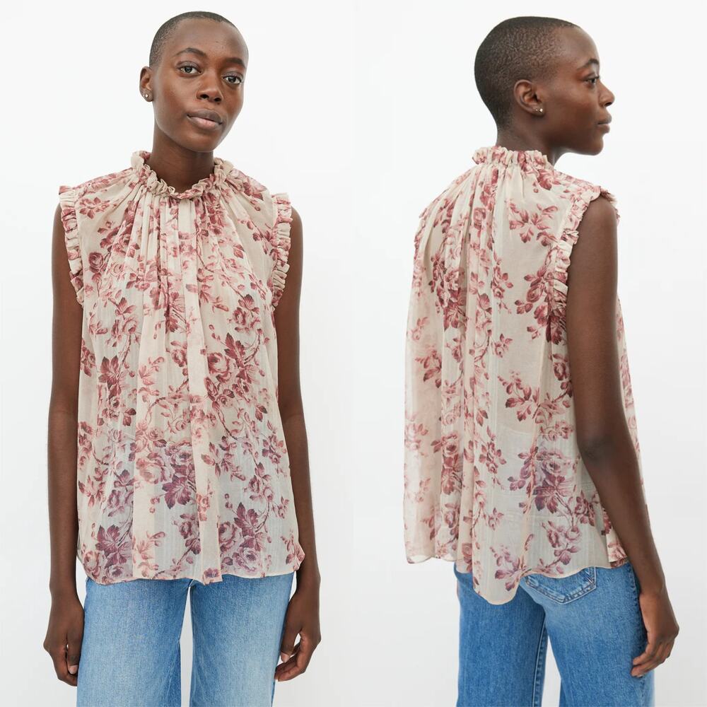Zimmermann Floral Sheer Ruffle Trim Blouse Cream Pink